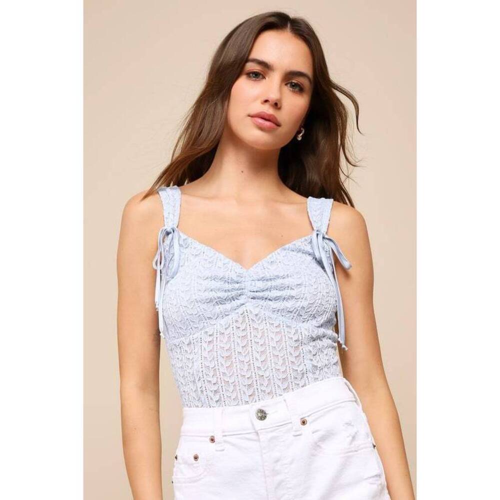 Lulus Charming Summer Light Blue Sheer Mesh Sleeveless Bodysuit - Size XL